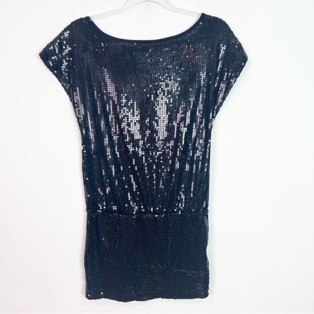 TART BLACK SEQUIN PARTY COCKTAIL MINI DRESS CAP SLEEVES ELASTIC WAIST SZ XS